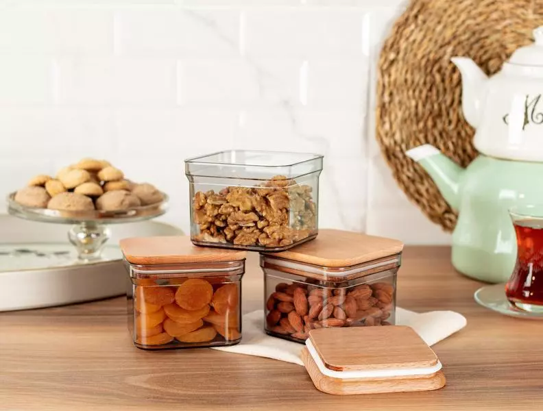 Storage Box With Wooden Lid 500Ml 3Pcs