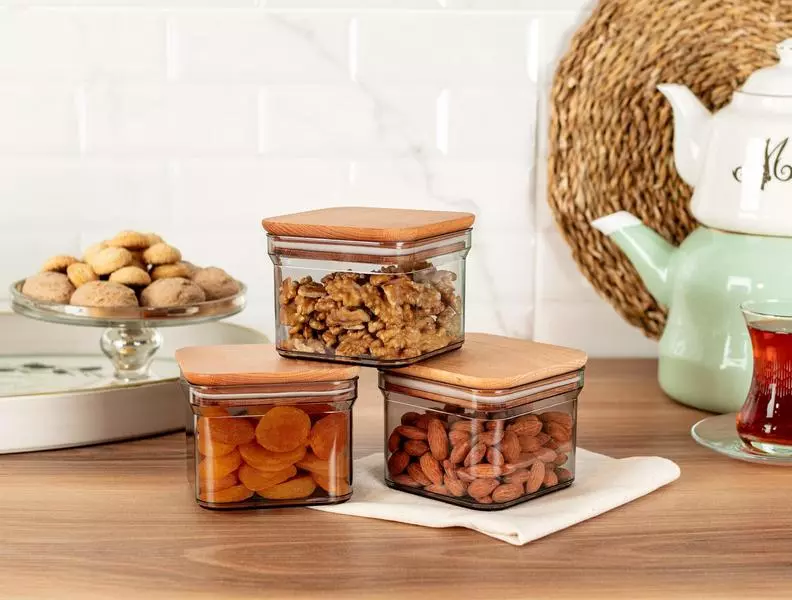 Storage Box With Wooden Lid 500Ml 3Pcs