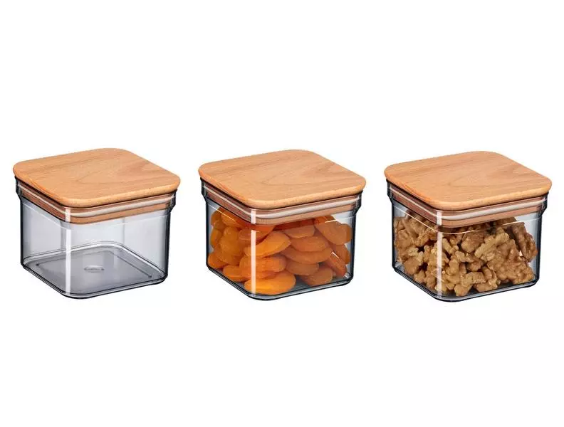 Storage Box With Wooden Lid 500Ml 3Pcs