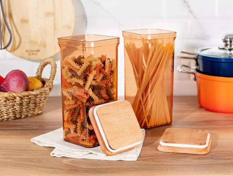 Storage Box With Wooden Lid 1500Ml 2Pcs