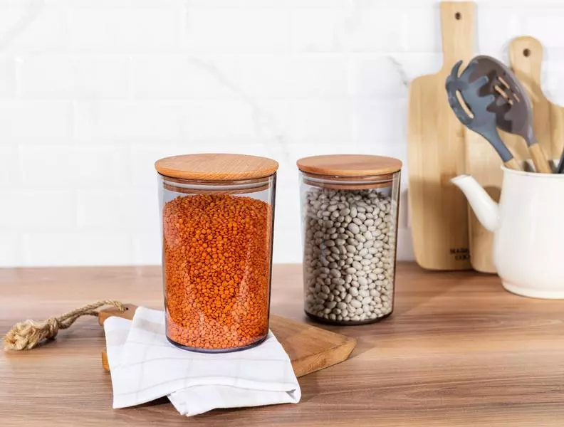 Storage Box With Wooden Lid 1500Ml 2Pcs