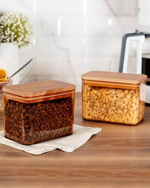 Storage Box With Wooden Lid 1000Ml 2Pcs
