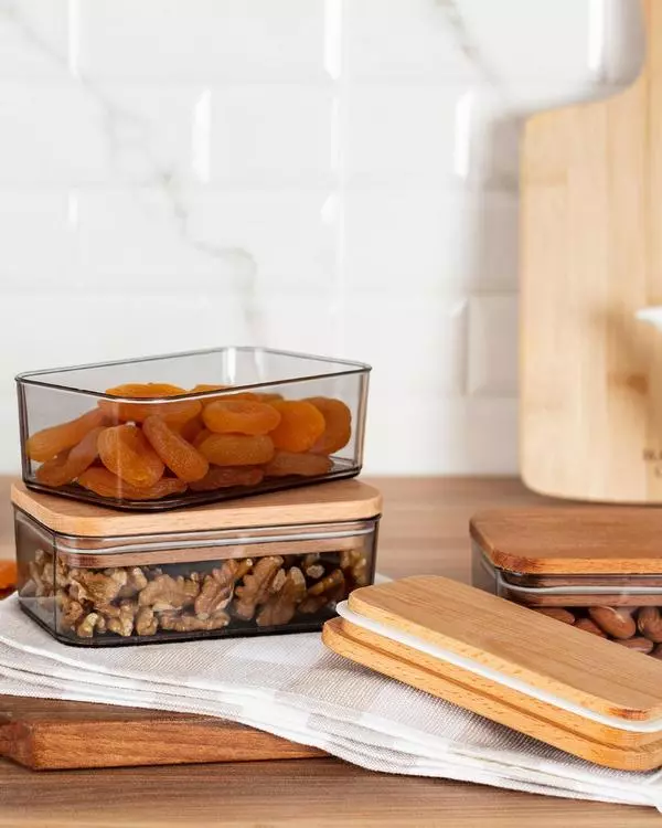 Storage Box With Wooden Lid 500Ml 3Pcs