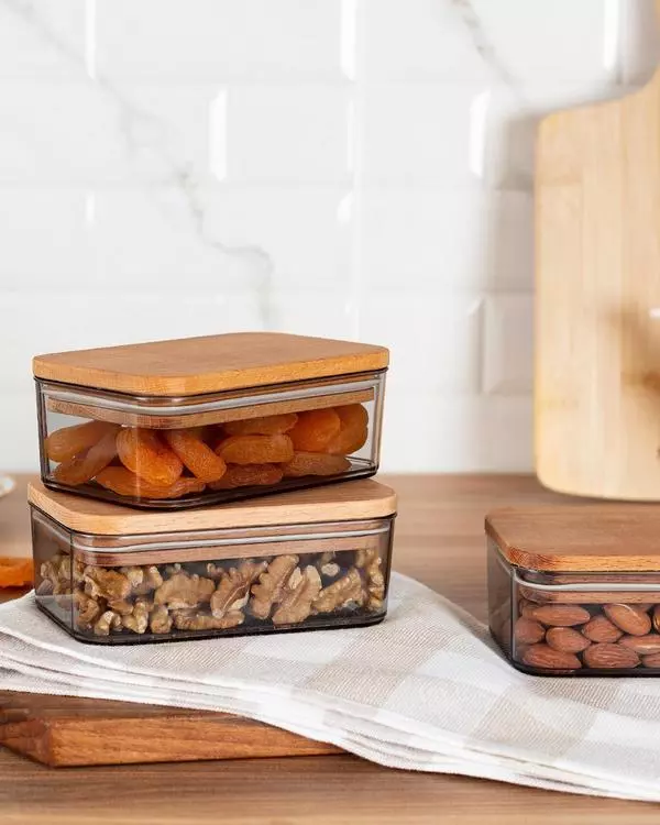 Storage Box With Wooden Lid 500Ml 3Pcs